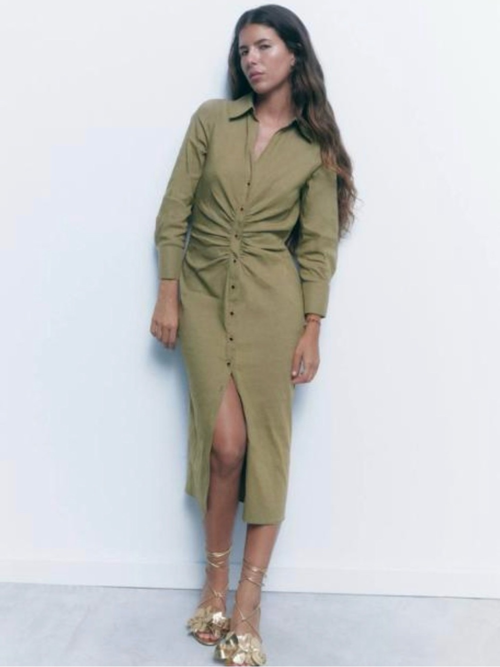 Zara Khaki Ruching Shirt Dress
